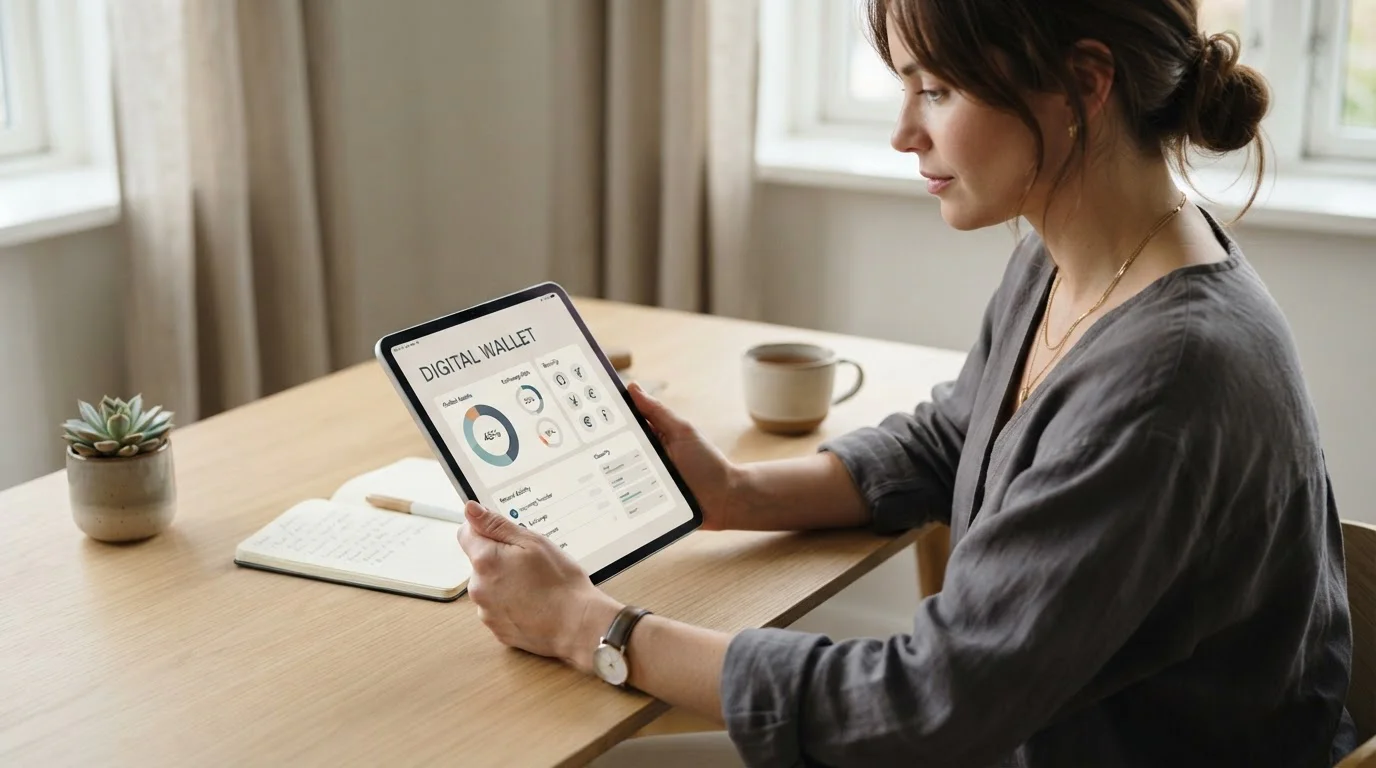 Person reviewing a multi-currency digital wallet dashboard on a tablet at a tidy desk
