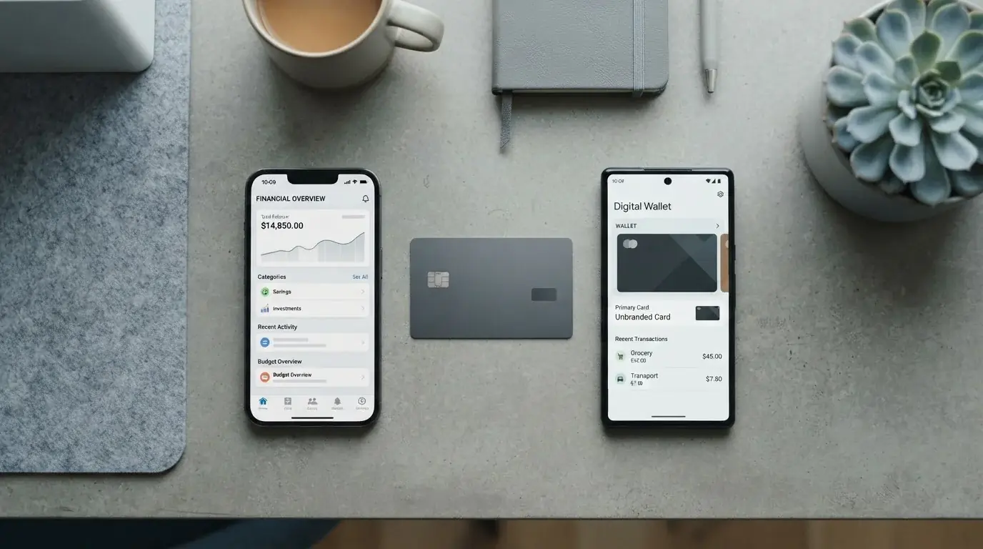 Flat-lay of a smartphone, bank card and open-banking app representing several casino payment options