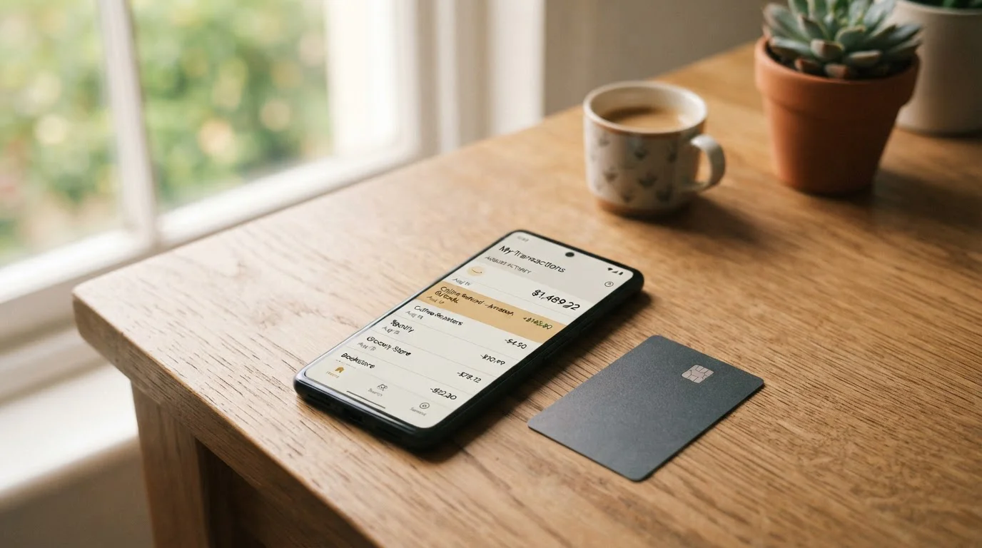 Smartphone showing a banking app statement with an incoming refund line from an online transaction