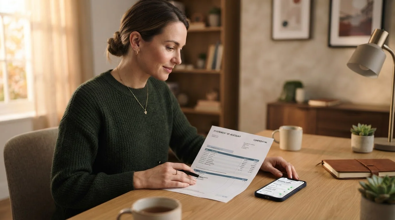 Person at a tidy desk reviewing a printed bank statement beside a phone showing spending limits