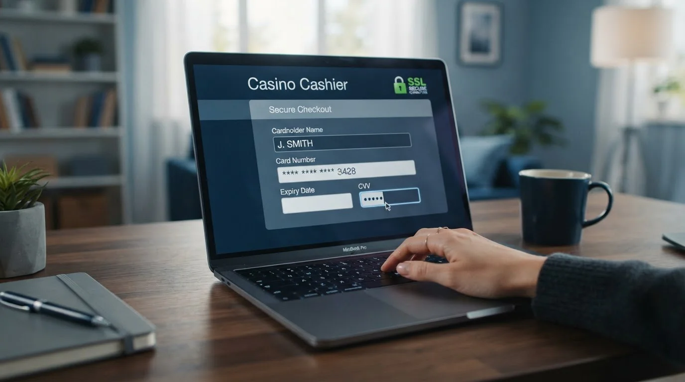 Hand entering card details into a tidy laptop casino cashier with a secure padlock on screen