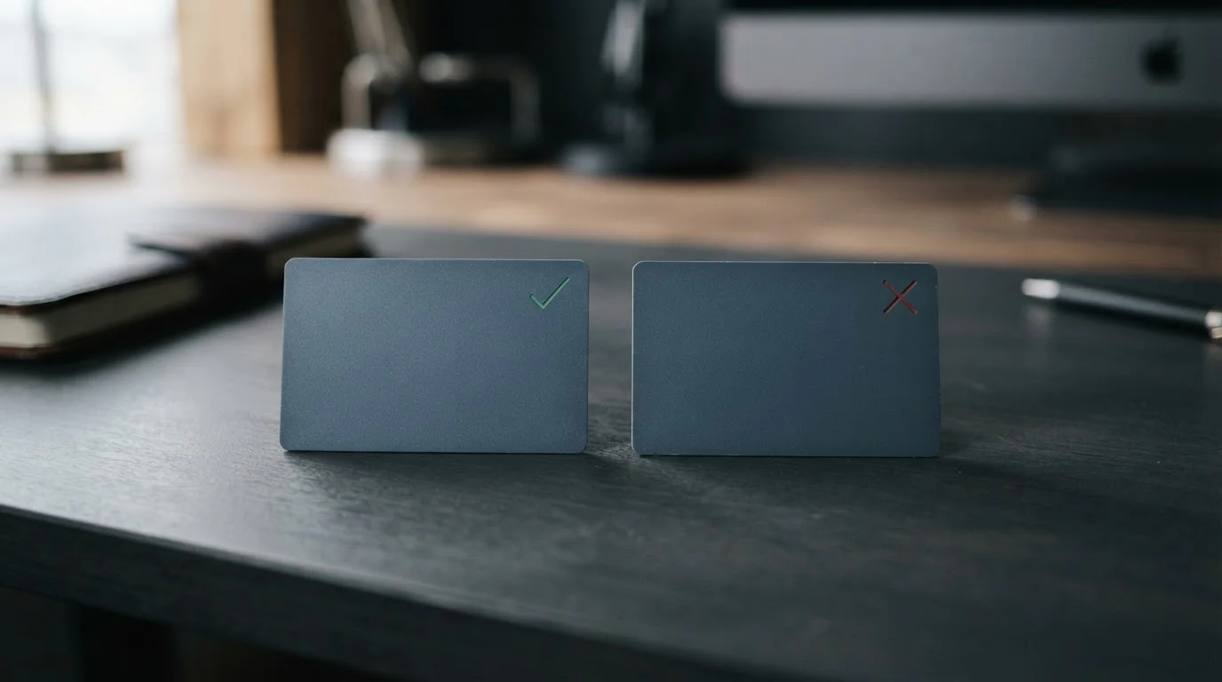 Two Visa cards on a desk, one marked debit and permitted, one marked credit and blocked