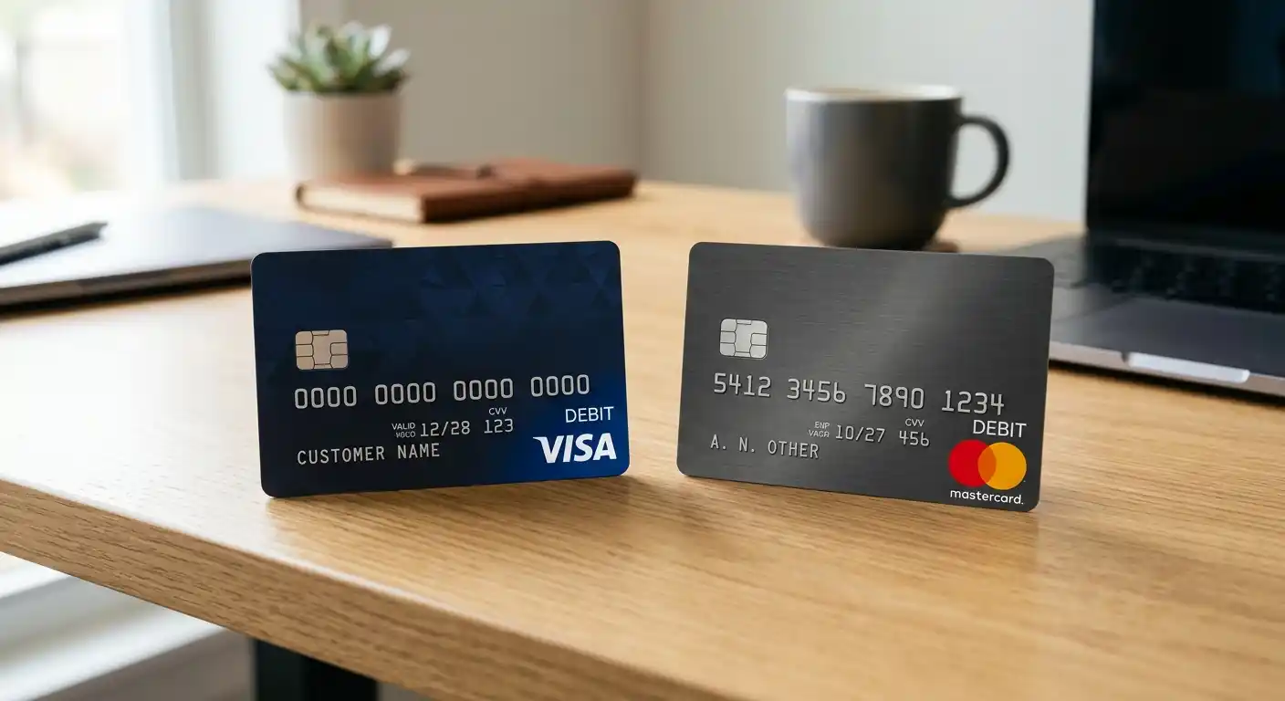 Visa and Mastercard debit cards side by side on desk