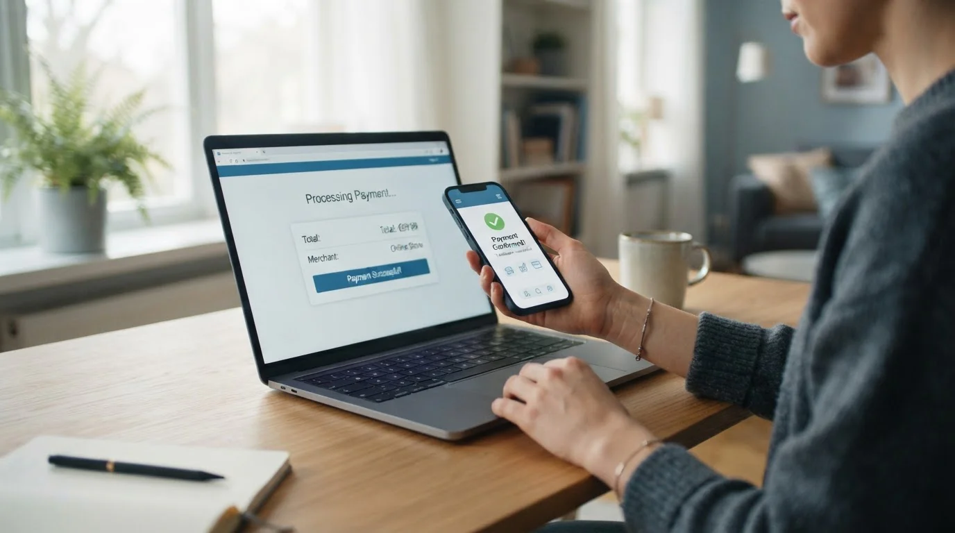 Smartphone held over a laptop showing a banking app confirmation request during an online payment