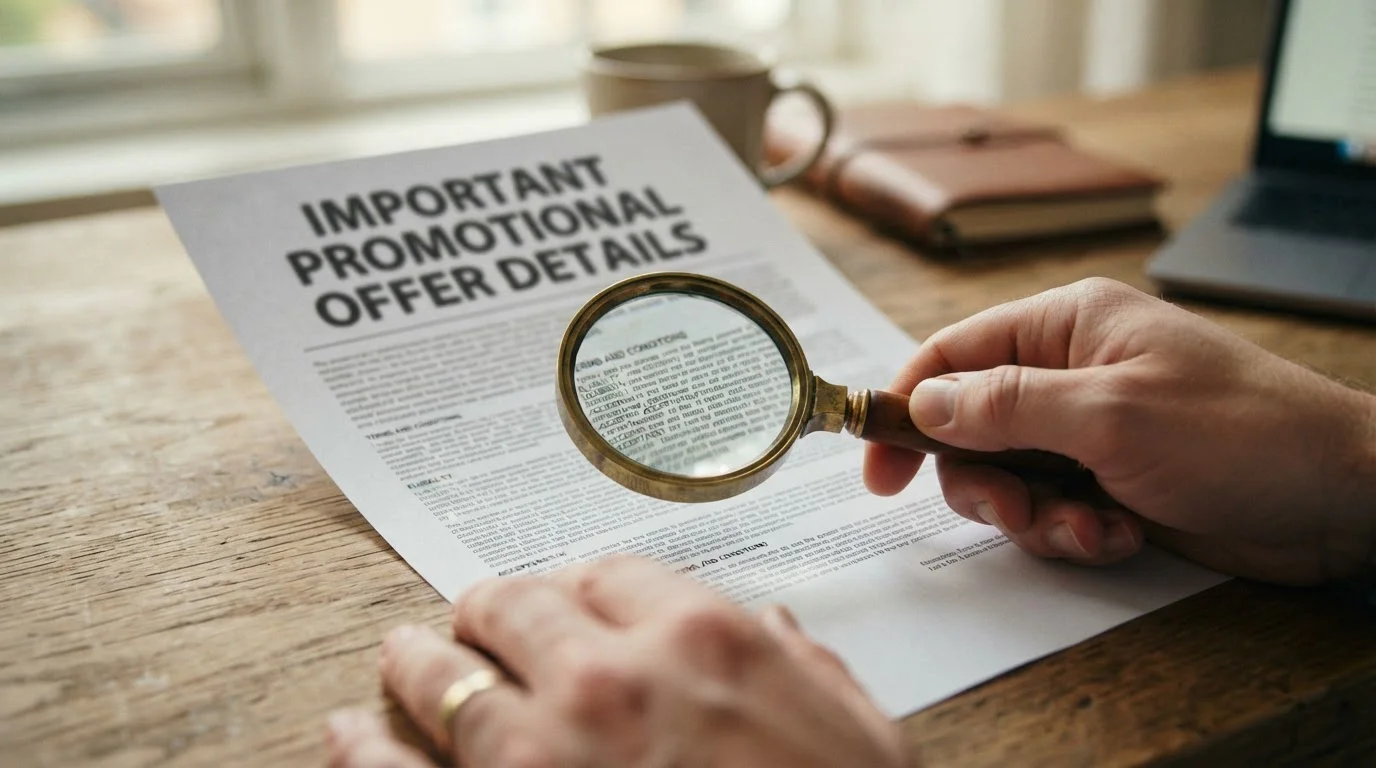 Hand holding a magnifying glass over the small print of a printed promotional terms document