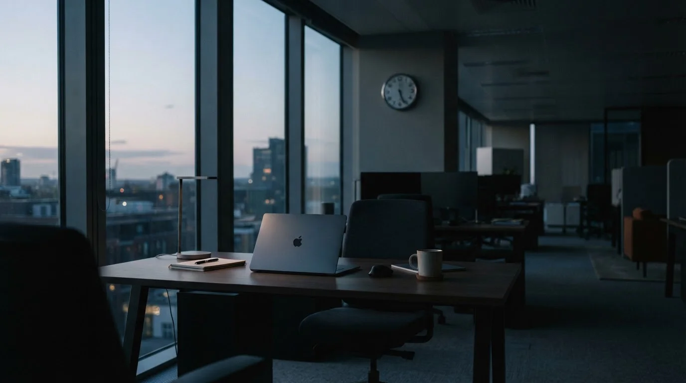 Quiet closed office with a laptop on a desk and an analogue wall clock in soft evening light