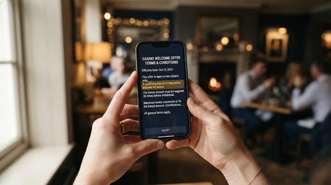 Hands holding a phone showing casino welcome-offer terms and conditions with a deposit requirement highlighted