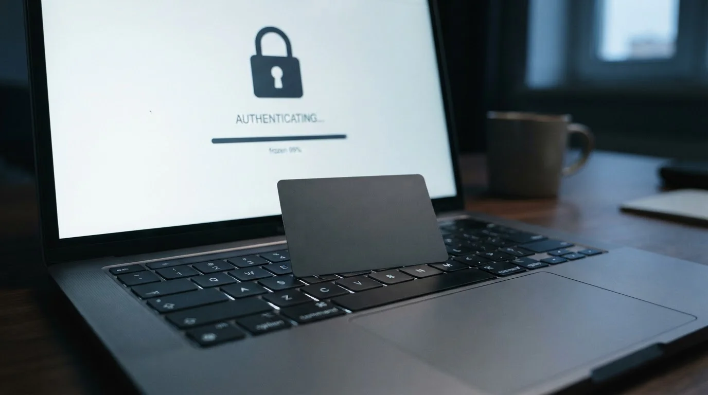 Prepaid card resting on a laptop keyboard beside a frozen online banking screen