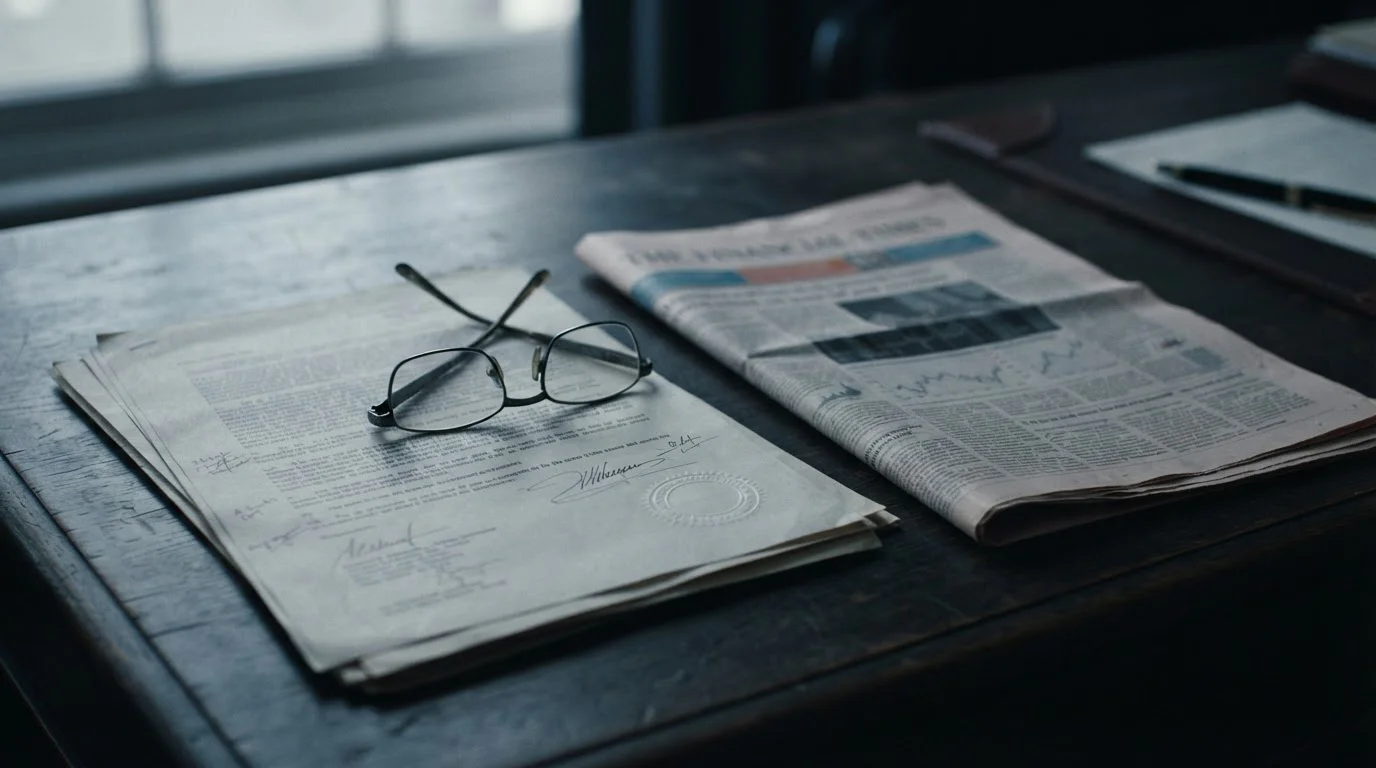 Court document and a newspaper on a desk illustrating a corporate insolvency case