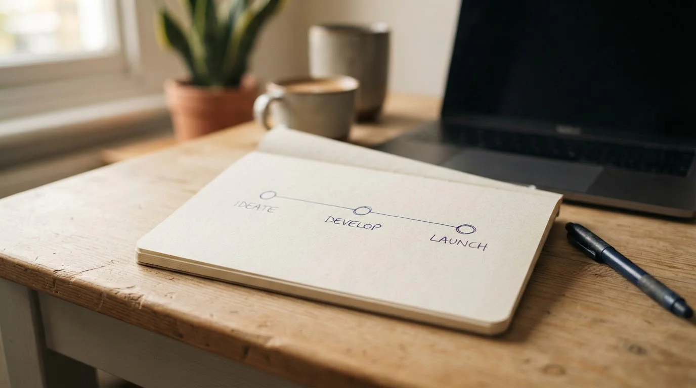 A simple three-step timeline sketched on a notepad showing approval, verification and clearing
