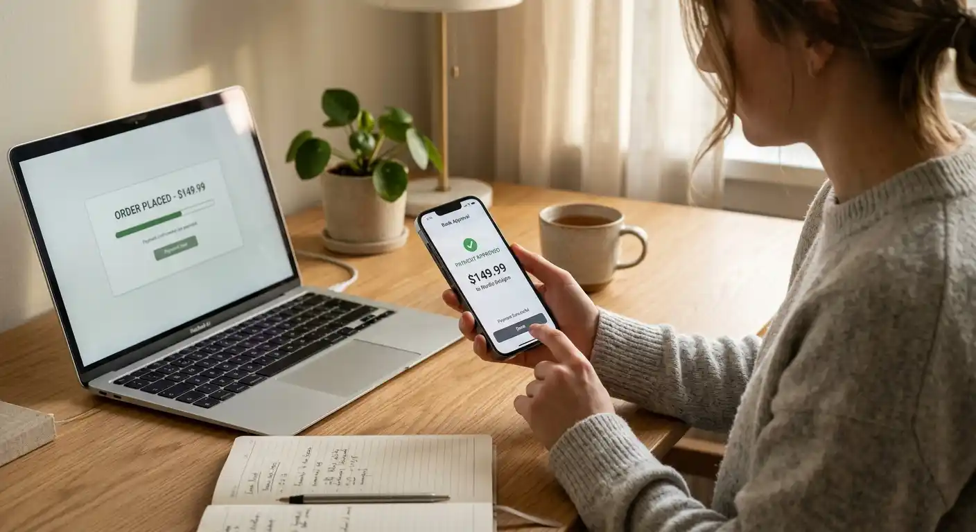 Person reviewing an instant bank-payment flow on a phone connected to a laptop checkout