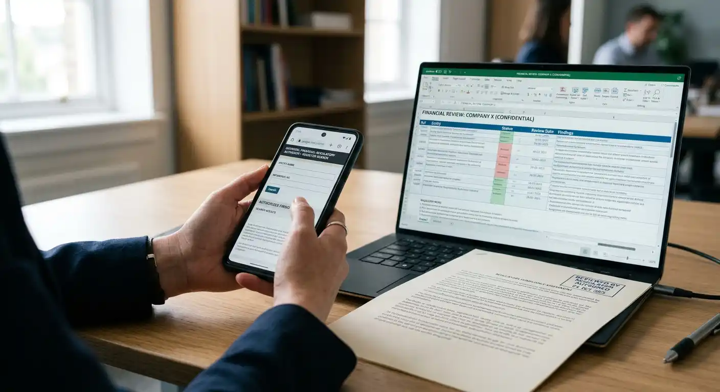 Hands holding a phone beside a laptop showing an official financial regulator register page